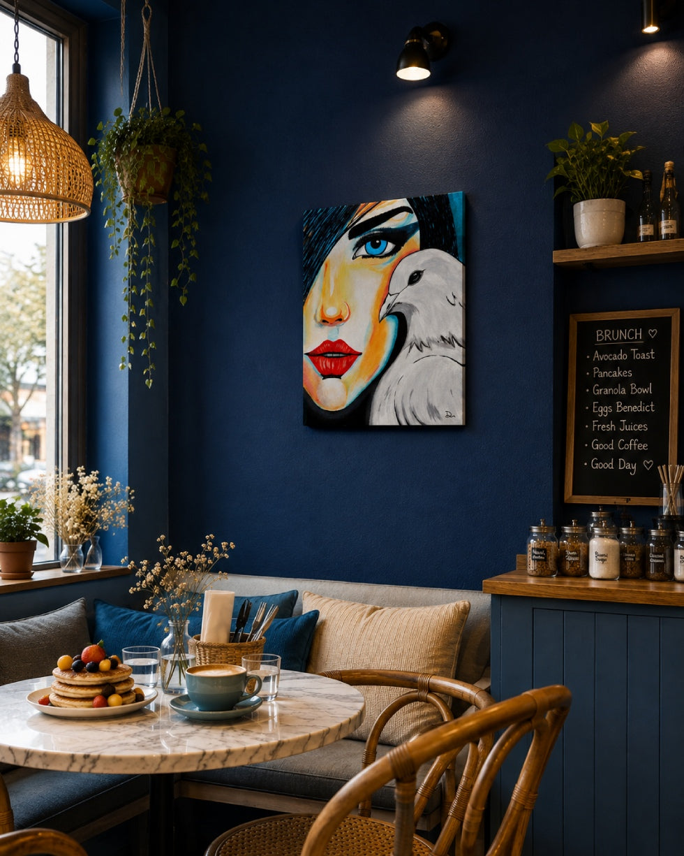 Cuadro original decorativo con un pájaro, ideal para cafeterías y restaurantes