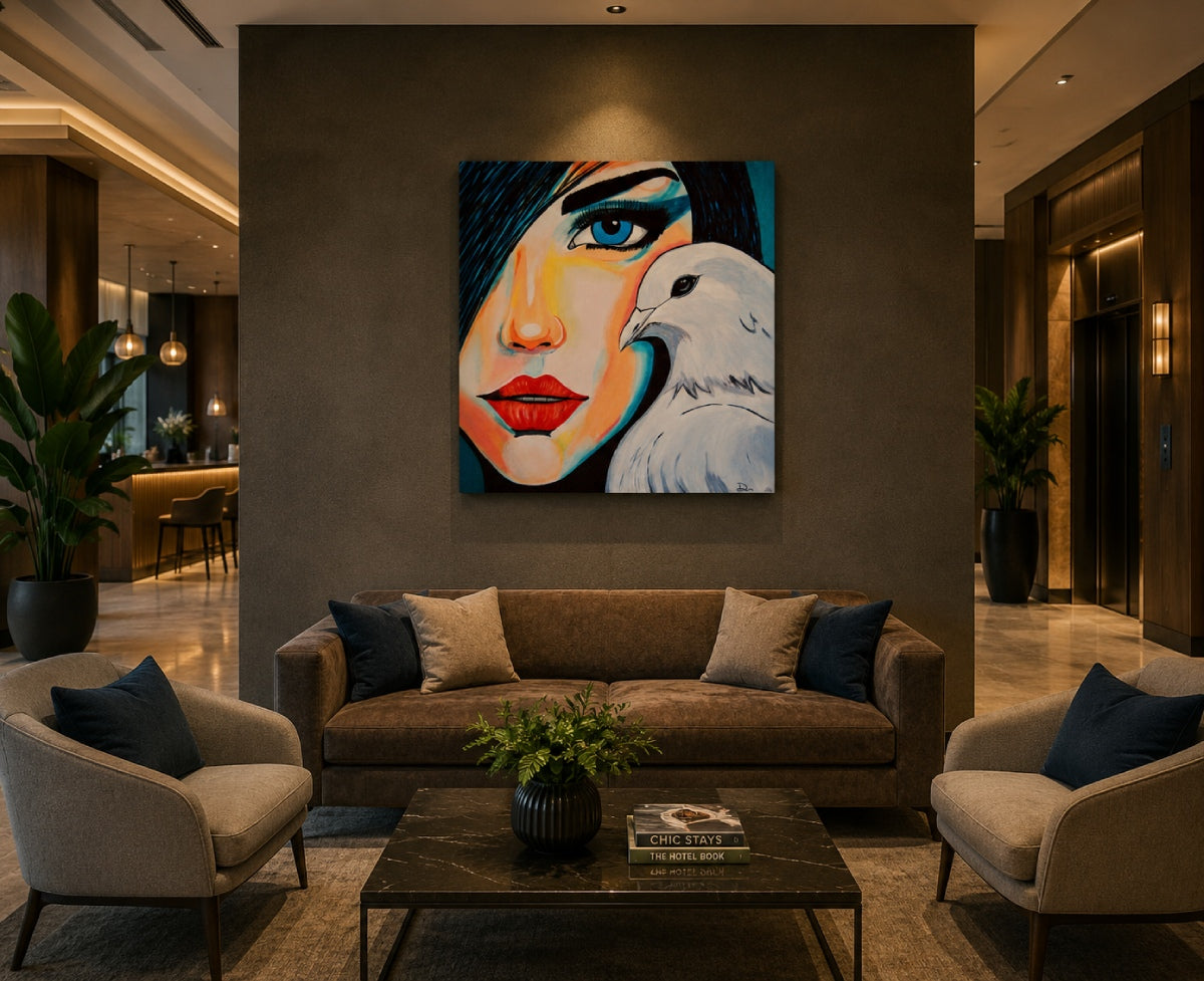 Cuadro original decorativo con un pájaro, ideal para interiorismo de hotel