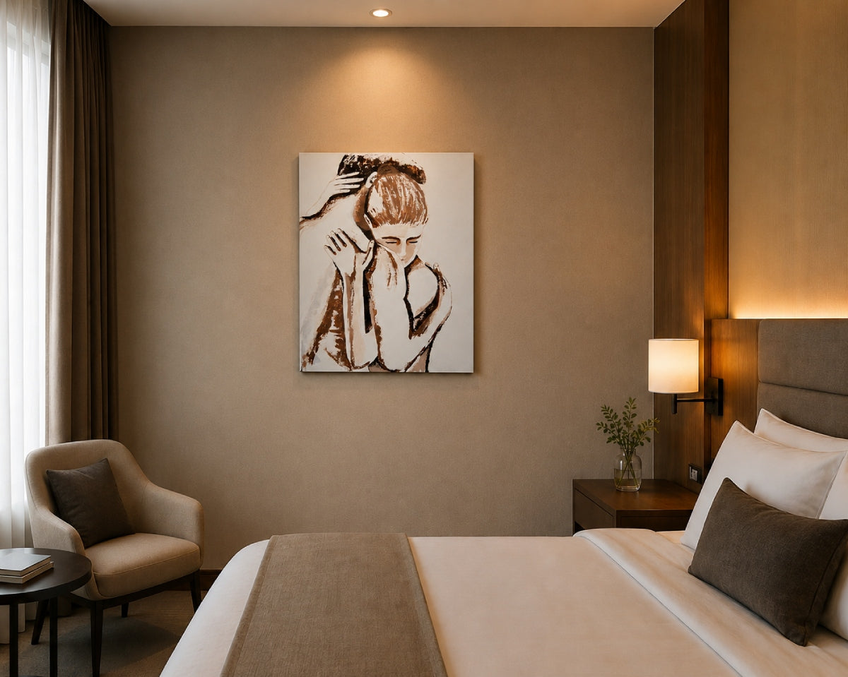 Cuadro original con figuras y abrazo, para decoración de hotel