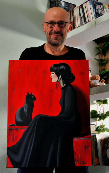 pintura original con gato para decoración