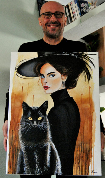 Pintura decorativa con mujer y gato