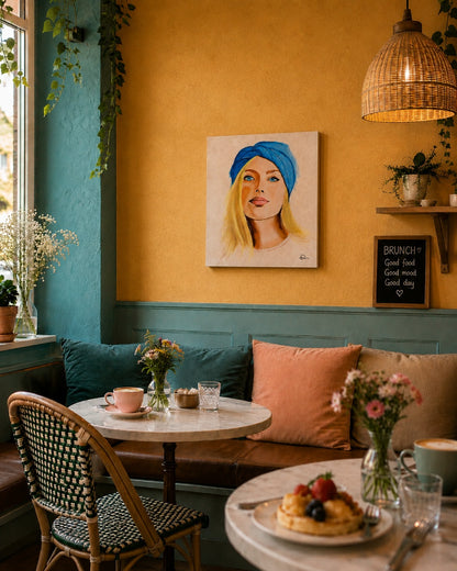 Retrato contemporáneo de mujer para decoración de restaurantes y cafeterías
