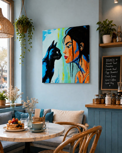 Cuadro contemporáneo con gato para decoración de restaurantes y cafeterías