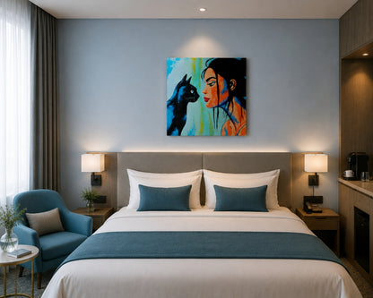 Cuadro contemporáneo con mujer y gato para decoración de hotel