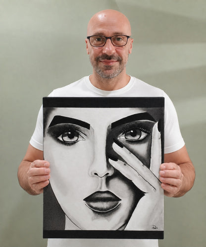 Pintura figurativa contemporánea decorativa original en acrílico blanco y negro